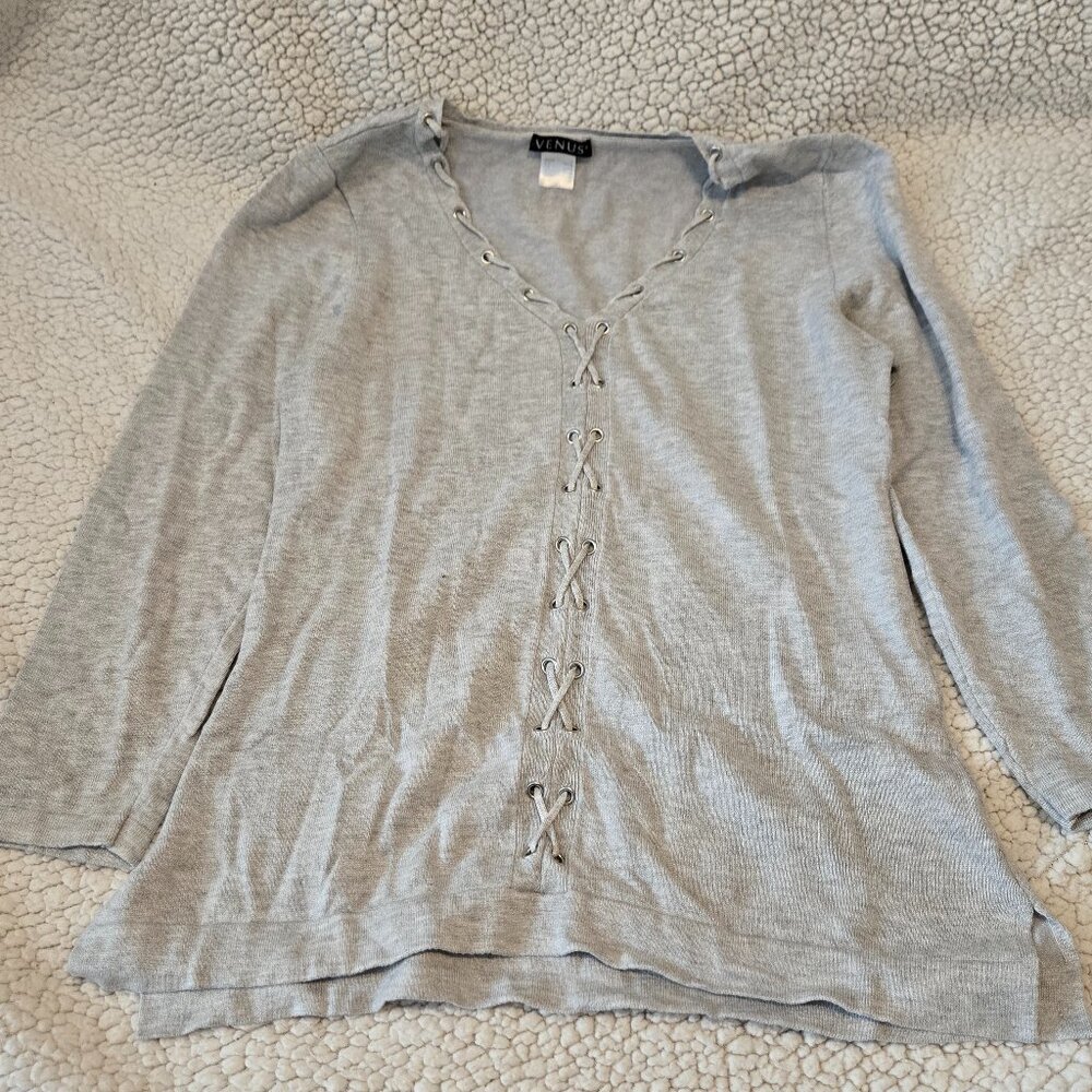 VENUS Grey Lace-Up Front V-Neck Knit Sweater - Large